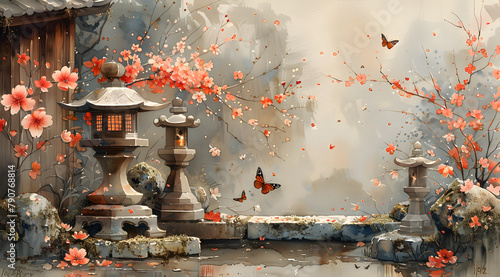 Sakura Serenity: Peaceful Watercolor Painting of Butterflies in Feudal Japan