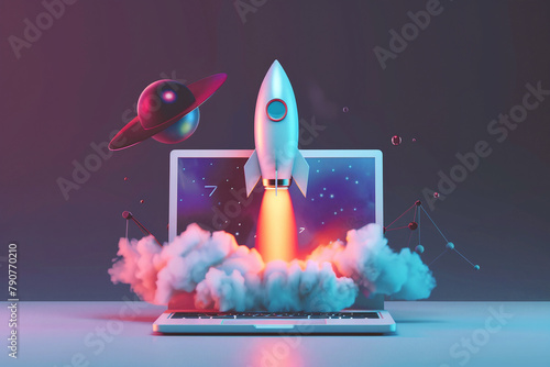 Illustration of rocket taking off on laptop background. Successful startup and business development concept