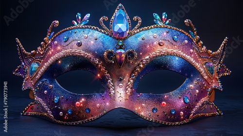 A glamorous masquerade mask embellished with glittering sequins and iridescent gems, catching