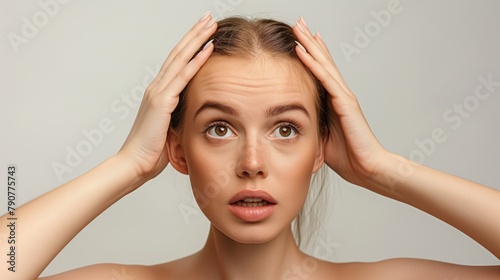 Woman loosing hair. losing hair problem, Treated healthy medical treatment hair lost concept.