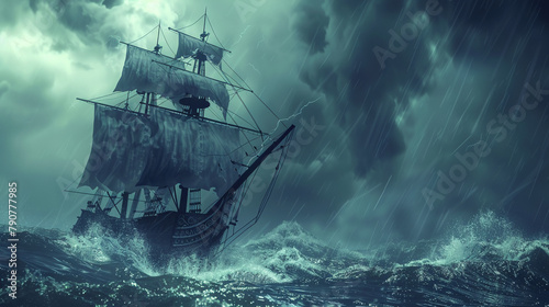 Pirate ship battling stormy seas in 3D vector