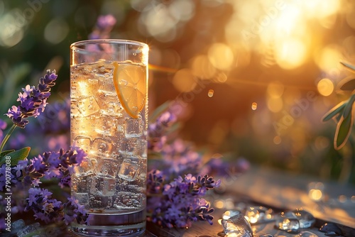 A glass of water with a lemon slice in it is on a table next to some lavender flowers