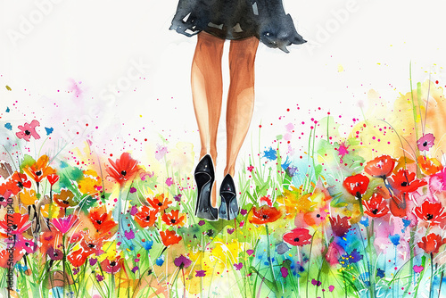 A woman in a black dress is standing in a field of flowers