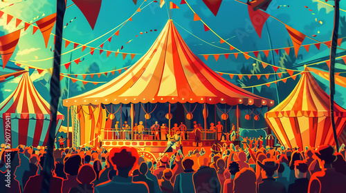 Circus tent with lively audience in 3D vector style