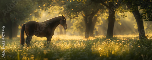 Beautiful black horse standing in high grass in sunset light. Horse with long mane in flower field, arabian horse grazing on pasture