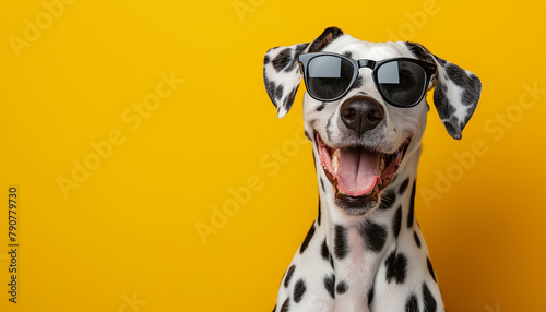 Adorable Dalmatian dog wearing black sunglasses in front of yellow background with copy space.