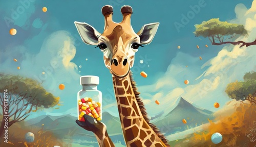 Photo of a cute giraffe in nature holding a medicine capsule in its mouth