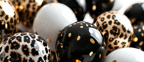 Celebrations background with glossy, helium balloons, golden confetti decoration. Leopard, polka dot print. Holidays mockup. Birthday greeting card. Generative ai