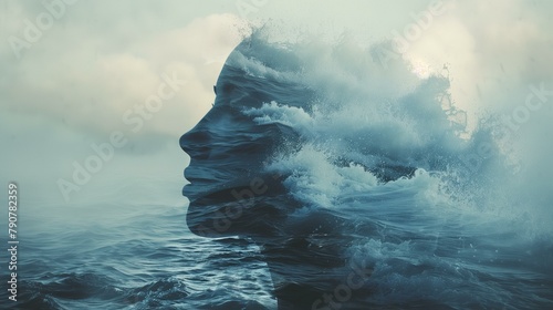 Double exposure ocean, woman's face in ocean with waves crashing in background, surf drop rock object seascape