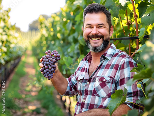Winemaker inspecting a cluster of ripe grapes in a lush vineyard