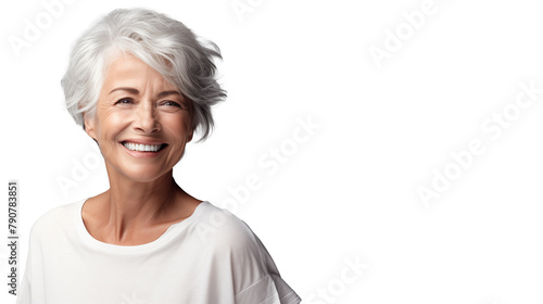 beautiful middle-aged woman with perfect skin and gray hair and smiling isolated. advertising of cosmetic products, skin care cosmetics, cosmetic procedures. mockup for design