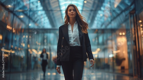 Dynamic shot of a confident businesswoman walking purposefully through a bustling office space.