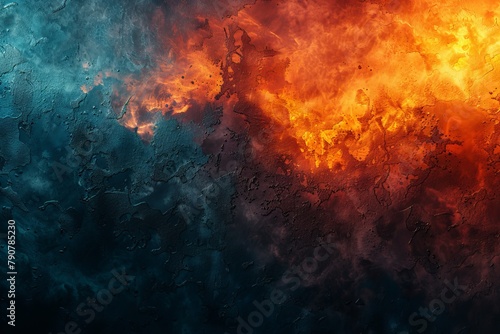 This abstract image features an intense blend of blue and orange, resembling a fiery inferno meeting a cool, watery abyss
