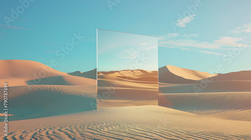 Desert landscape with sand and square mirror under the clear blue sky