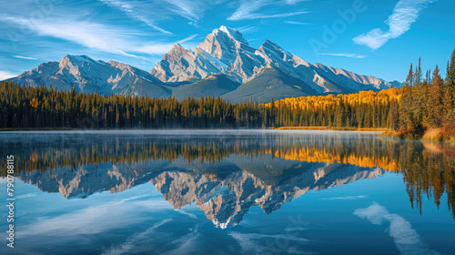 Majestic mountain peaks are reflected in the calm lake, surrounded by dense forests and the blue sky in a peaceful autumn at dawn