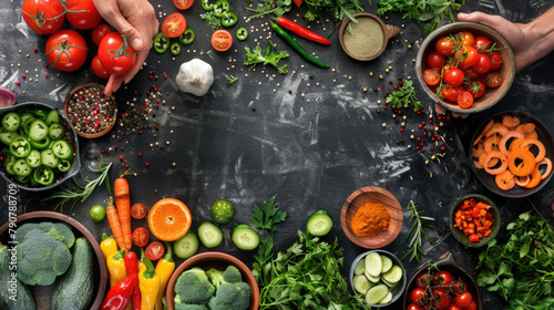 A table filled with a diverse selection of fresh vegetables in various colors, shapes, and sizes, creating a vibrant display of nutrition and taste