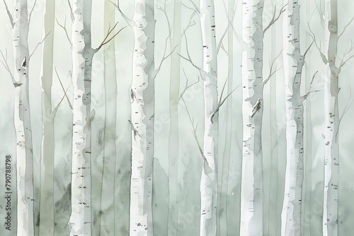 Minimalist watercolor of a row of thin birch trees, their stark white trunks contrasted against soft grey and pale green backgrounds, capturing their elegant simplicity