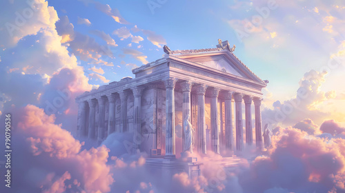 A dreamy Greek temple floating clouds,Surreal art Ancient Greek temple myth.