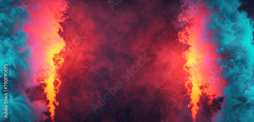 Intense red flames and blue smoke on a dark abstract background.