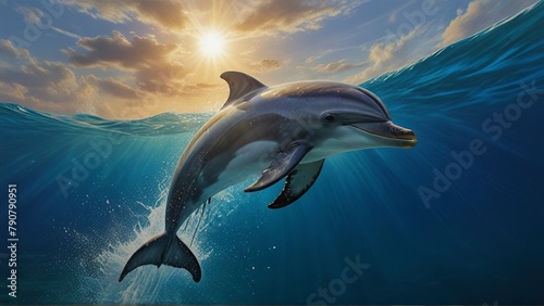 A joyfully frolicking school of dolphins dances beneath the sun-dappled surface of a tropical lagoon. Their sleek bodies glisten in the crystal-clear waters, while their playful leaps and flips captur