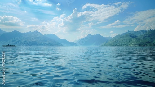 Lake with mountains in the background. View from a boat. Summer landscape