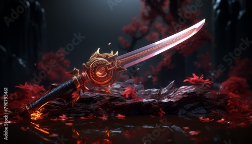 A samurai sword lies on a rock in a forest. The sword is made of metal and has a red handle. The forest is dark and the trees are bare. There is a red glow in the air.