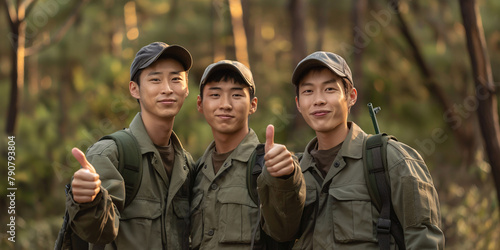 Three forest rangers men in casual attire standing side by side outdoors.