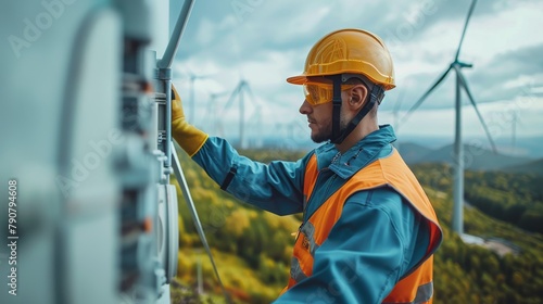 An engineer wearing a safety helmet and safety vest inspects a wind turbine.