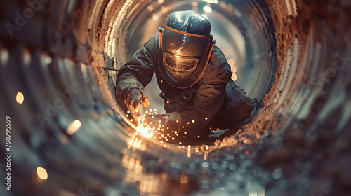 A male welder welding working inside a large pipe