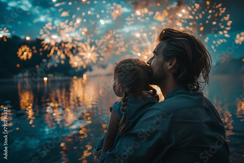 An anonymized family enjoys a magical moment watching a firework display reflection over a calm lake