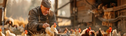 A rustic scene of a farmer feeding chickens in a barnyard, the charm of rural life highlighted, text space on the right