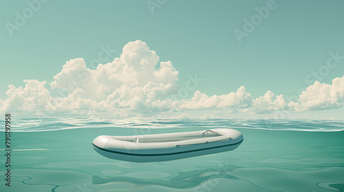 Minimalistic Inflatable Boat on Calm Waters with Fluffy Clouds