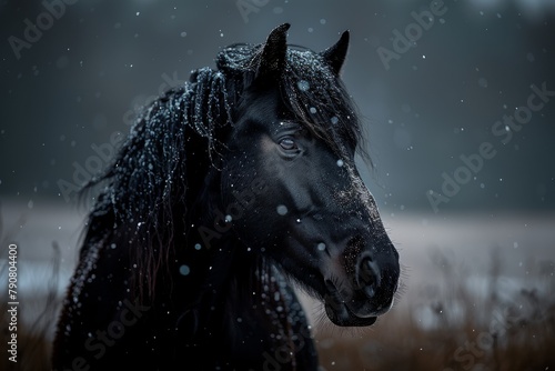 A powerful black horse's head is captured up close, amidst a mystical snowfall, evoking a sense of strength and freedom