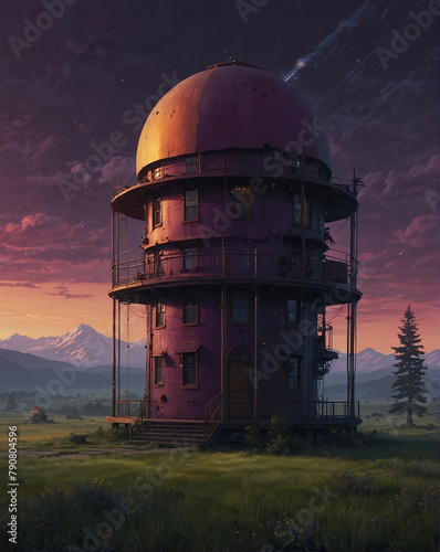 Unique House with Large Round Dome under Beautiful Sky at Sunset