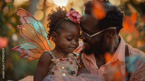Happy black father & child in fancy dress as fairies princesses. Black dad & toddler playing dress up. Single father. Father's Day concept. Inclusion & diversity. Candid fatherly love
