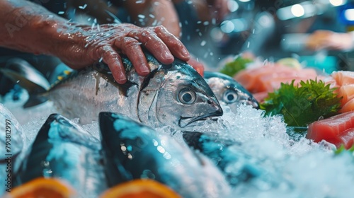 A behind-the-scenes shot of a sashimi preparation: a close-up of a fishmonger's hand carefully selecting a whole tuna from a bed of ice, with other fresh fish displayed in the background. 