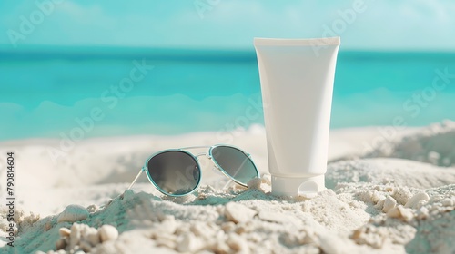 砂浜の日焼け止めローションとサングラス