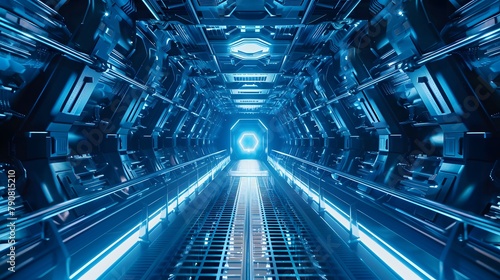 青い色の輝く未来的なトンネル
