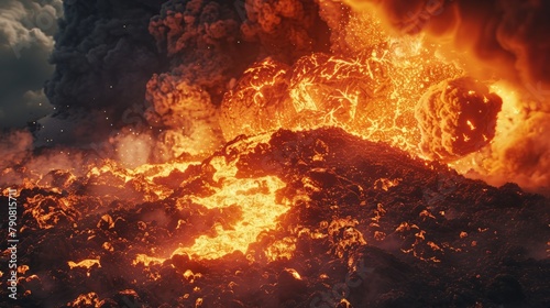 A dramatic 3D rendering of a volcanic eruption, capturing the power and fury of molten lava spewing from the Earth's core.