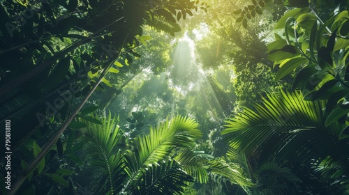 A lush green rainforest canopy with sunlight filtering through the leaves, casting dappled light on the vibrant flora and fauna below.