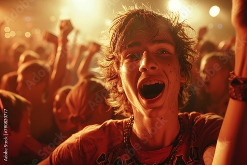 A young man is smiling and holding his mouth open in a crowd of people