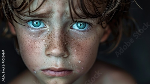 A young boy with blue eyes and a scruffy face