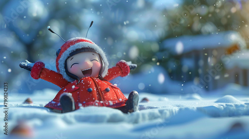 A 3D-rendered image capturing the chibi ladybug character sliding down a small snow hill on a sled, laughter captured in its expression