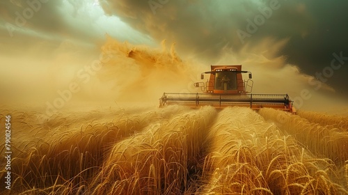 Dramatic Combine Harvester in Action, generative ai