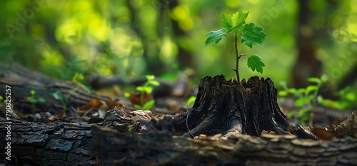 a young tree sprouts amidst the decaying remains of an old tree stump