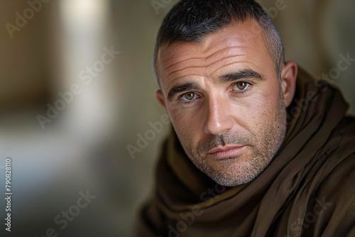 portrait of a young christian catholic monk in the monastery