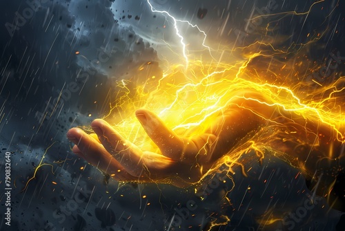 Hand Gripping Powerful Lightning Bolt. A close-up image of a hand, palm facing outward, firmly grasping a glowing yellow lightning bolt.