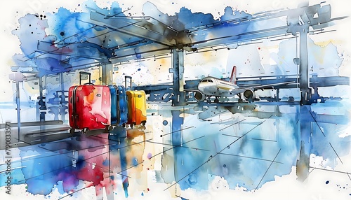 watercolor illustration of the back view of a traveler pulling a suitcase