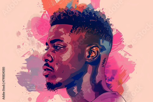 African American male model with contemporary cool hairstyle fashion illustration on colorful background.