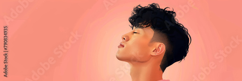 Chinese male model fashion beauty illustration with fade hairstyle on colorful background. 